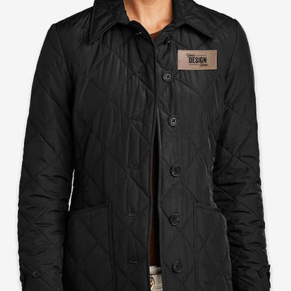 Brooks Brothers Women's Quilted Soft Shell Jacket - Faux Leather Patch - Deep Black