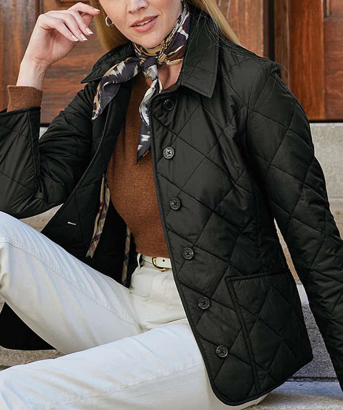 Brooks Brothers Women's Quilted Soft Shell Jacket - Faux Leather Patch - Deep Black 6 Brooks Brothers Women's Quilted Soft Shell Jacket - Faux Leather Patch - Deep Black
