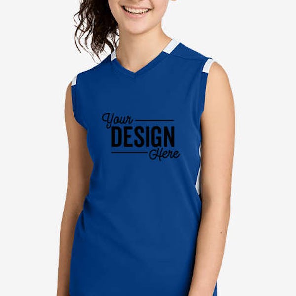 Sport-Tek Youth Club Recycled Sleeveless V-Neck Performance Jersey - True Royal / White