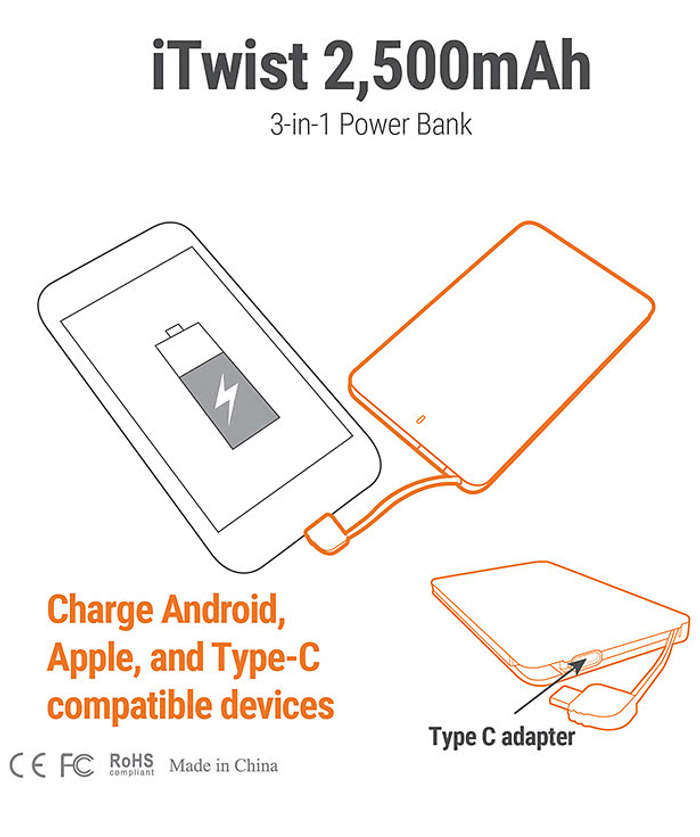 Full Color iTwist 2,500 mAh 3-in-1 Portable Power Bank - White