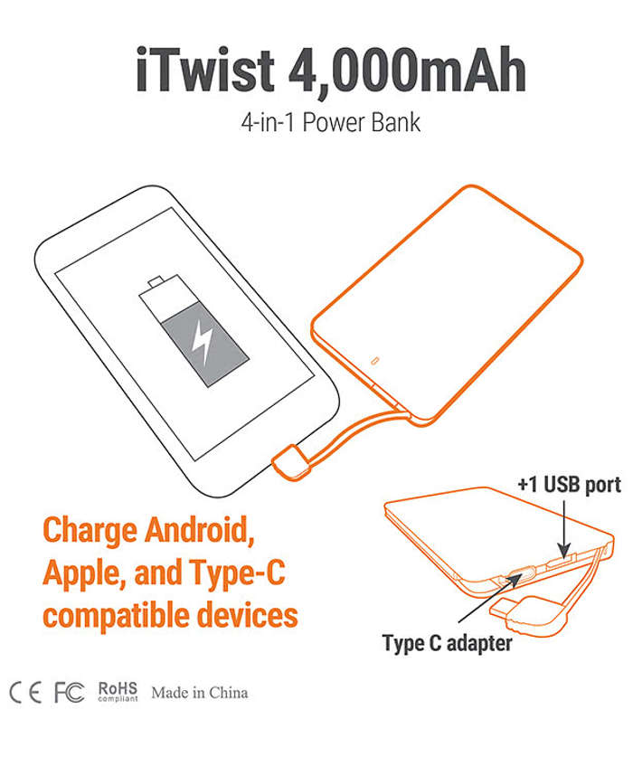 Full Color iTwist 4-in-1 4,000 mAh Portable Power Bank - White