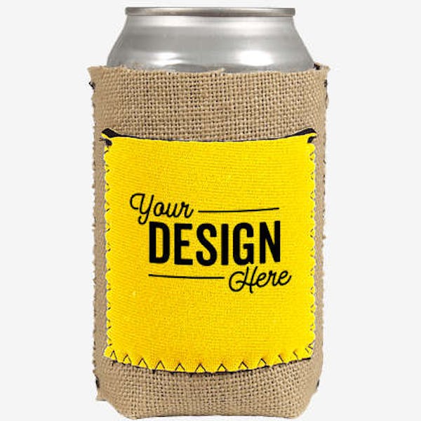 Burlap Can Cooler with Neoprene Pocket - Bright Yellow