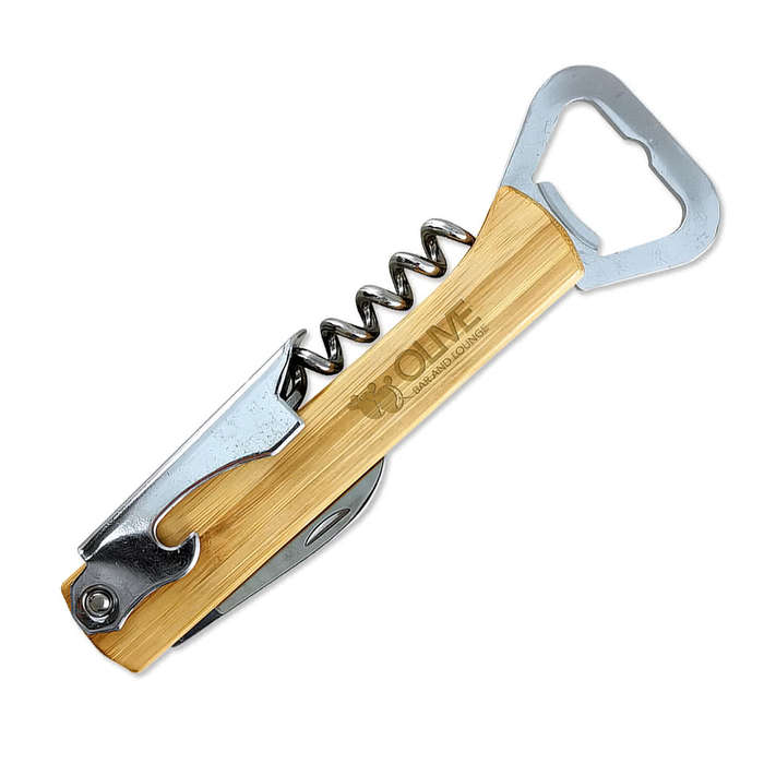 Laser Engraved Bamboo 4-In-1 Kitchen Utensil Pocket Knife - Natural