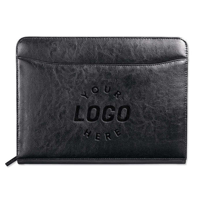 Debossed Renaissance Leather Zippered Padfolio - Black