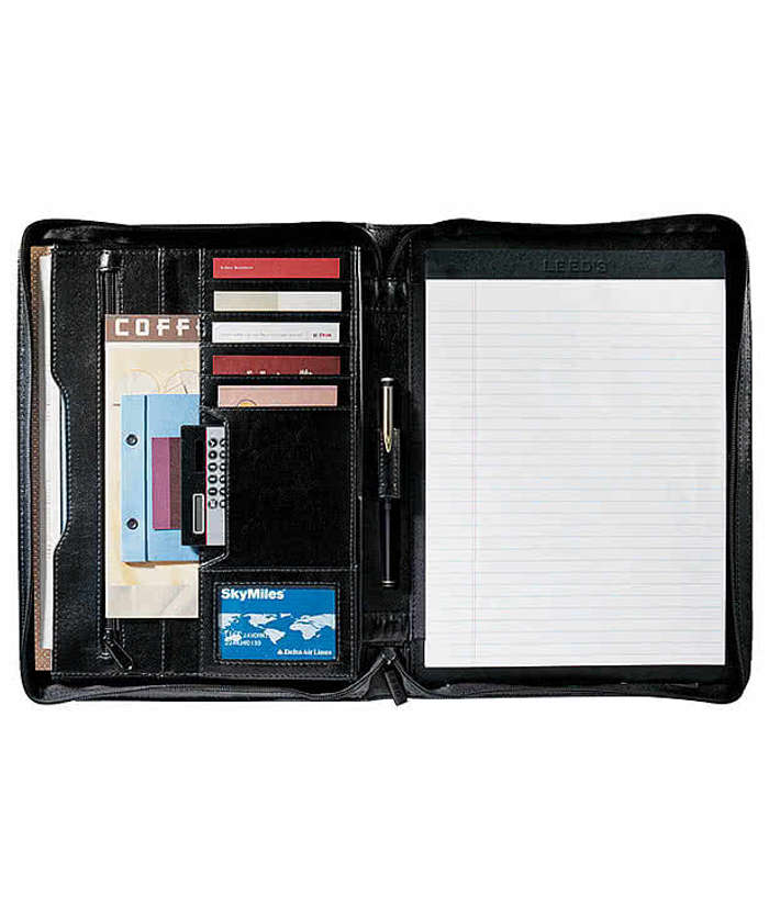Debossed Renaissance Leather Zippered Padfolio - Black