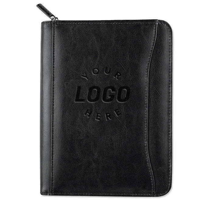 Debossed Renaissance Jr. Leather Zippered Padfolio - Black