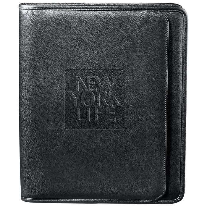 Debossed Manhattan Leather Zippered Padfolio - Black