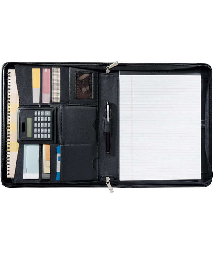 Debossed Manhattan Leather Zippered Padfolio - Black