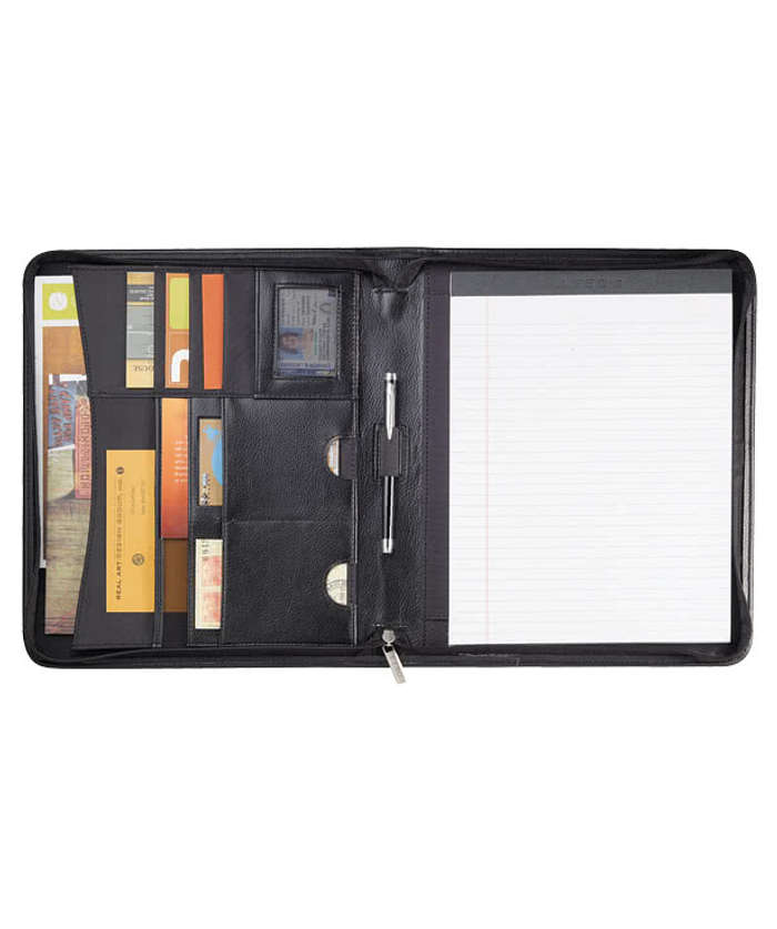 Debossed Manhattan Leather Zippered Padfolio - Black