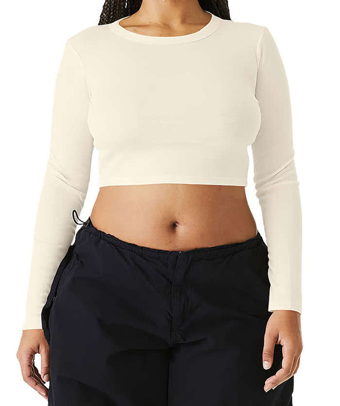 Bella + Canvas Women's Micro Rib Long Sleeve Crop T-shirt - Solid White Blend