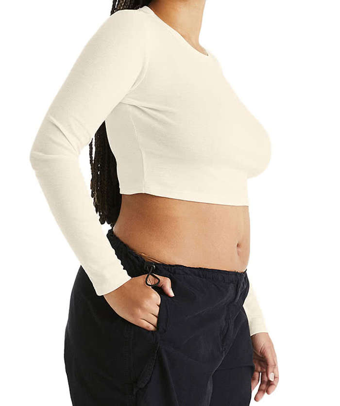 Bella + Canvas Women's Micro Rib Long Sleeve Crop T-shirt - Solid White Blend
