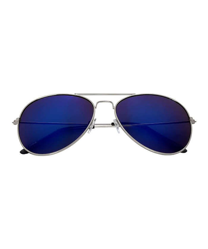 Color Mirrored Aviator Sunglasses - Silver with Blue