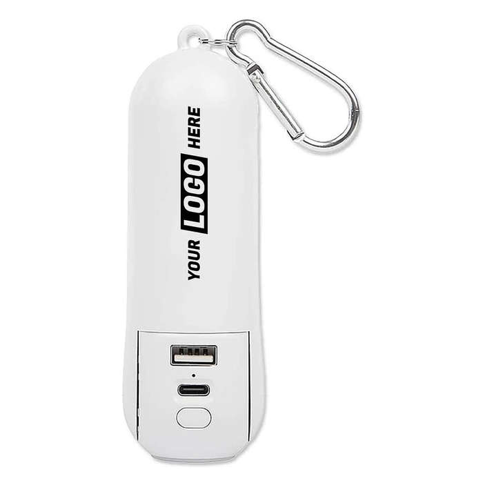 Rechargeable 1,800 mAh Portable Power Bank with Mini Fan and Flashlight - White