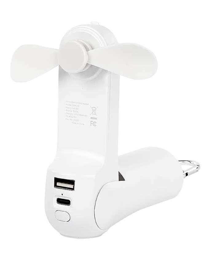 Rechargeable 1,800 mAh Portable Power Bank with Mini Fan and Flashlight - White