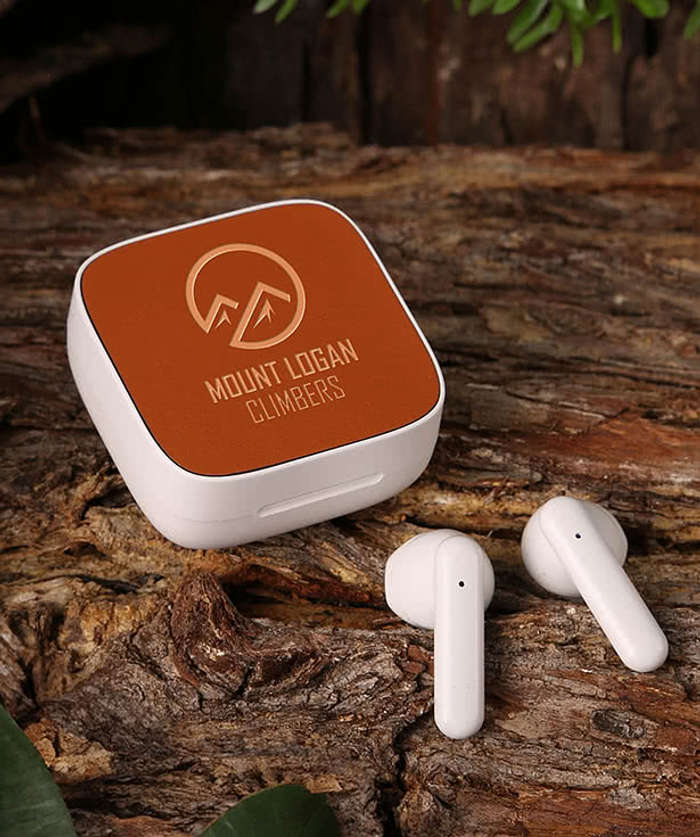 Laser Engraved TerraTone Recycled Wireless Bluetooth Earbuds - White / Brown