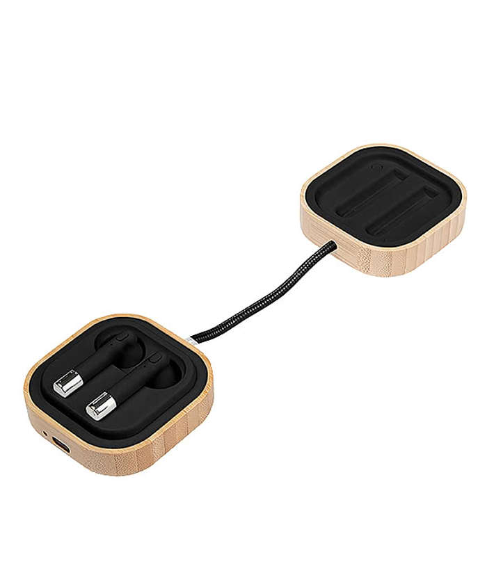 Laser Engraved Bamboo Wireless Earbuds & Watch Charger - Black / Bamboo